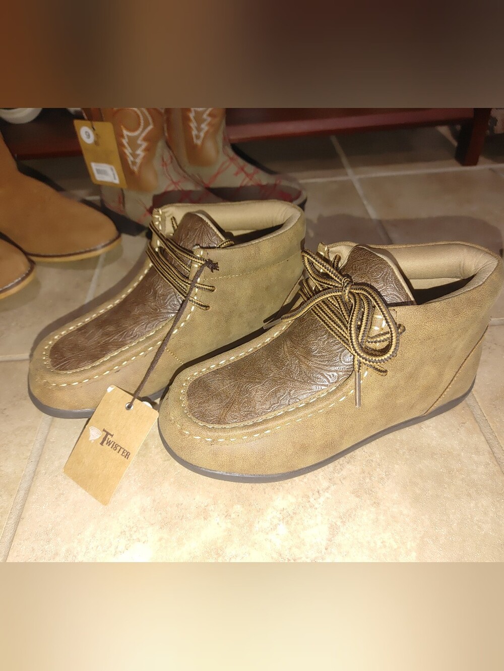 Twister Boy's Brown Tooled Leather-Top Chukka Boots